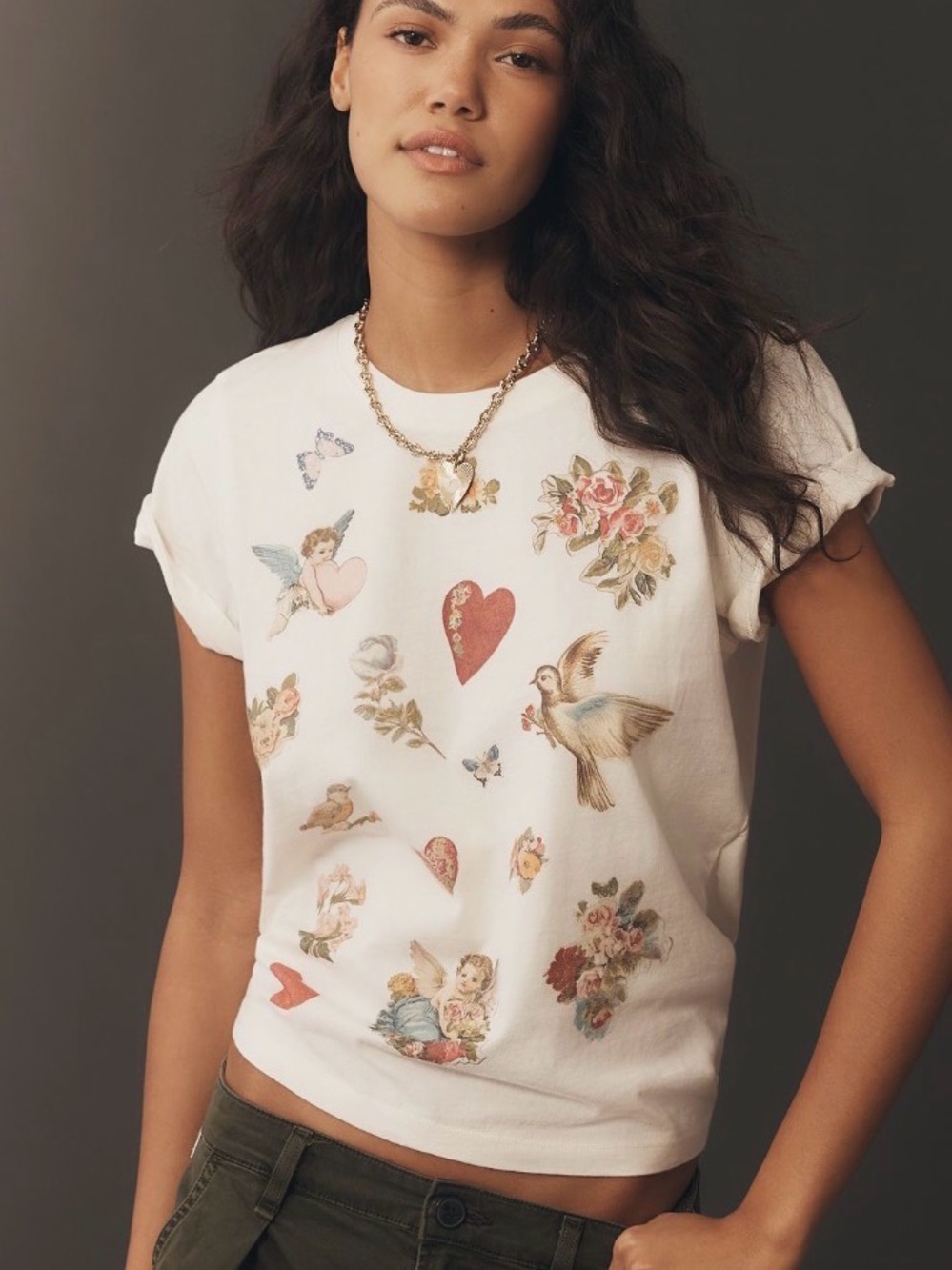 Anthropologie White Graphic Vintage-Inspired Tee with Floral & Angel Motifs